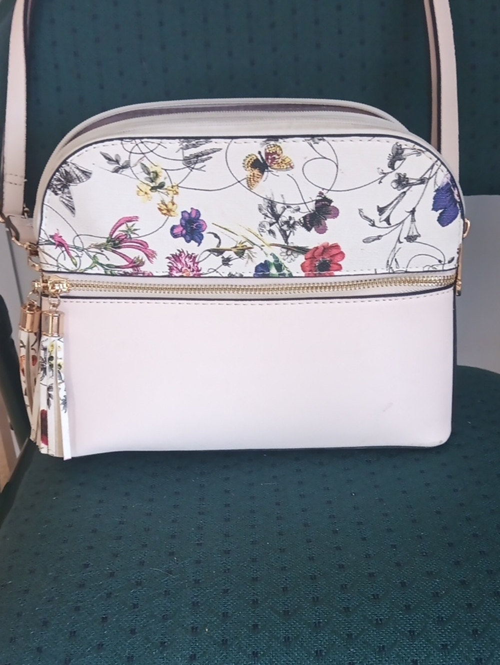 White Floral Accent Crossbody Bag with Tassel Detail